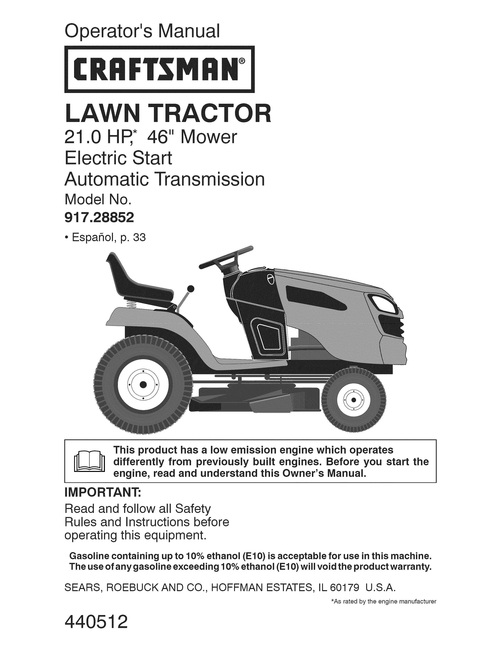 Product picture Craftsman 21HP 46in Lawn Tractor Operator Main Instruction M