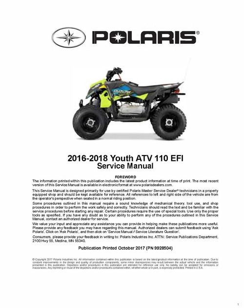 Product picture Polaris 110 EFI Service Manual Youth ATV 2016 2017 2018 