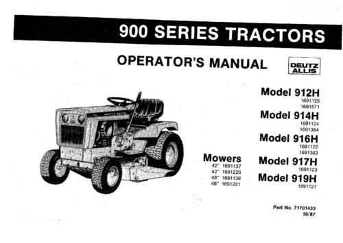 Product picture Deutz-Allis 912 914 916 917 919 Lawn Mower Operators Maint Manual  42 48 Cut